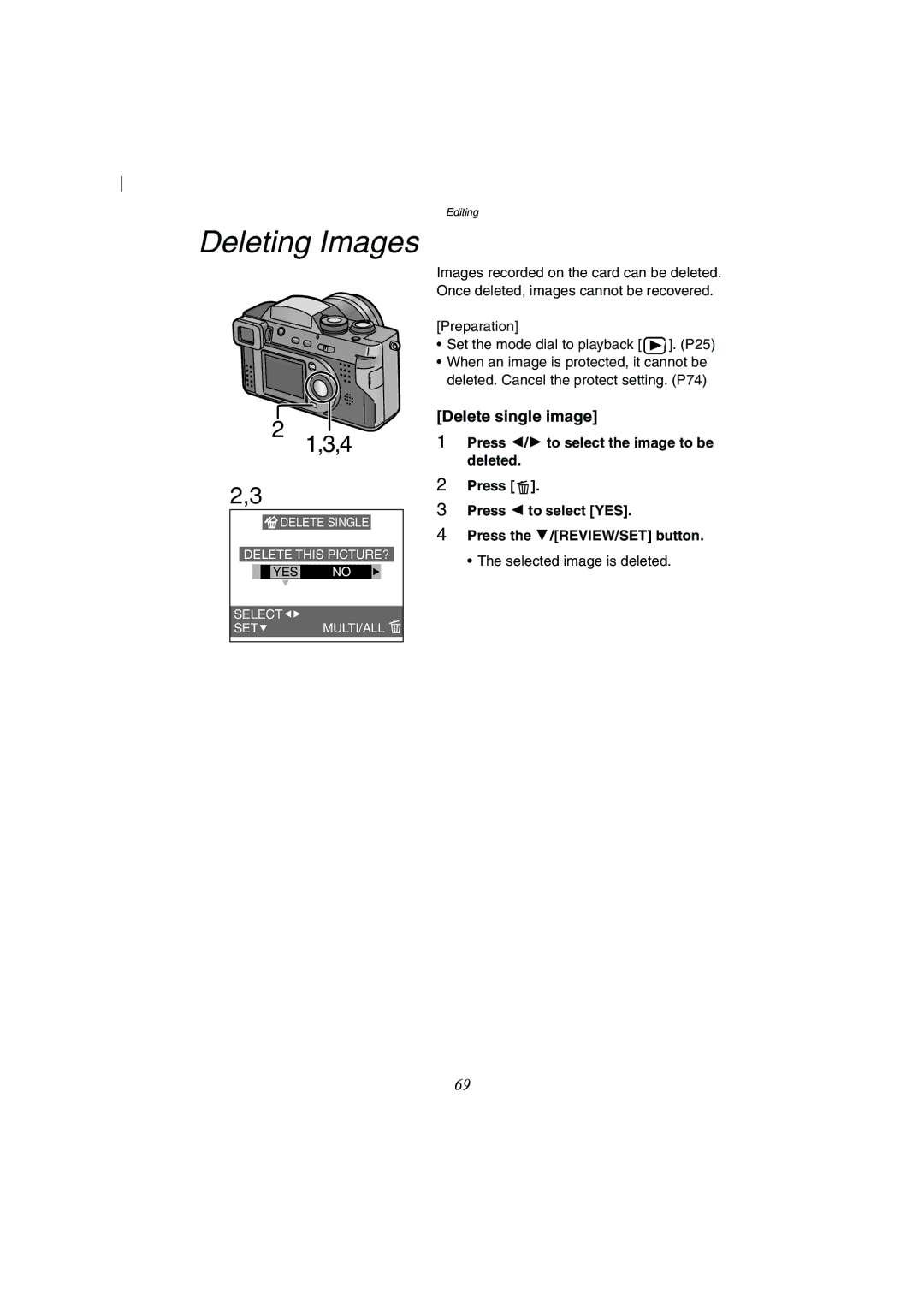 Panasonic DMC-FZ2A Deleting Images, Delete single image, Deleted, Press 2 to select YES, Selected image is deleted 