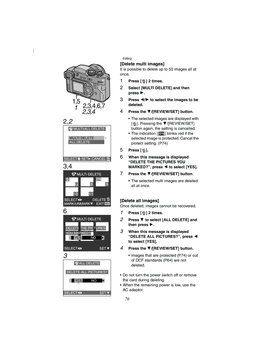 Panasonic DMC-FZ2A operating instructions Delete multi images, Delete all images 