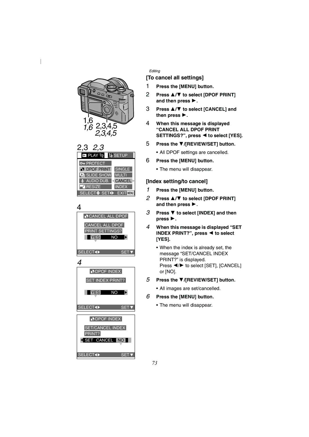 Panasonic DMC-FZ2A operating instructions To cancel all settings, Index setting/to cancel 