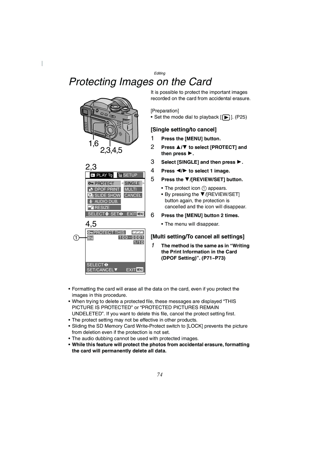 Panasonic DMC-FZ2A Protecting Images on the Card, Single setting/to cancel, Multi setting/To cancel all settings 