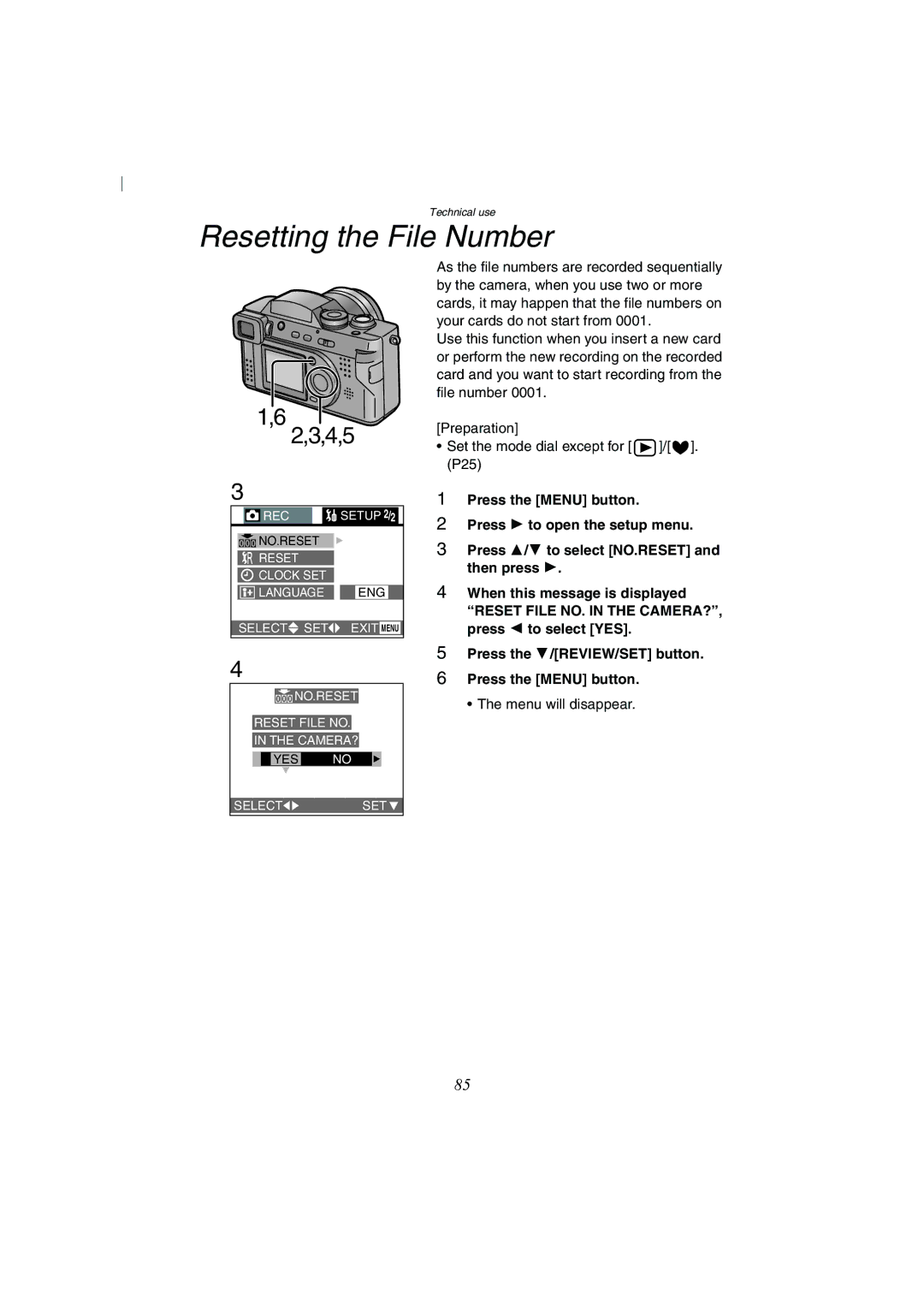 Panasonic DMC-FZ2A operating instructions Resetting the File Number 