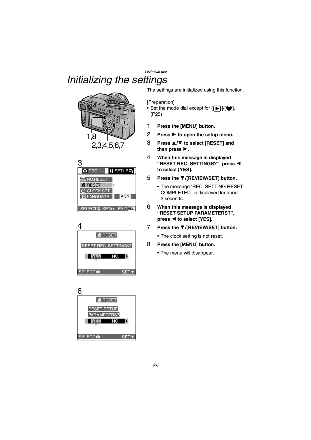 Panasonic DMC-FZ2A operating instructions Initializing the settings 