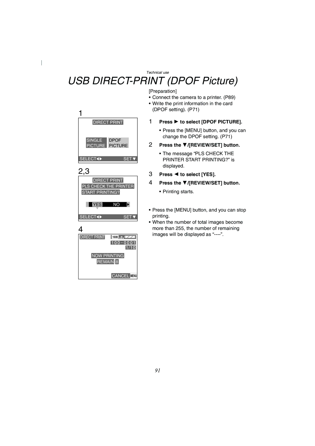 Panasonic DMC-FZ2A operating instructions USB DIRECT-PRINT Dpof Picture, Press 1 to select Dpof Picture 