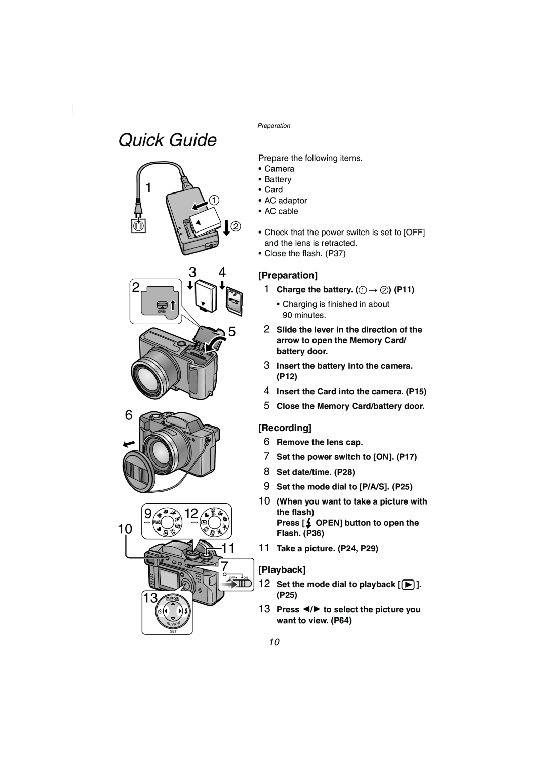 Panasonic DMC-FZ2PP Quick Guide, 9 12, Charge the battery. 1 # 2 P11, Insert the battery into the camera. P12 