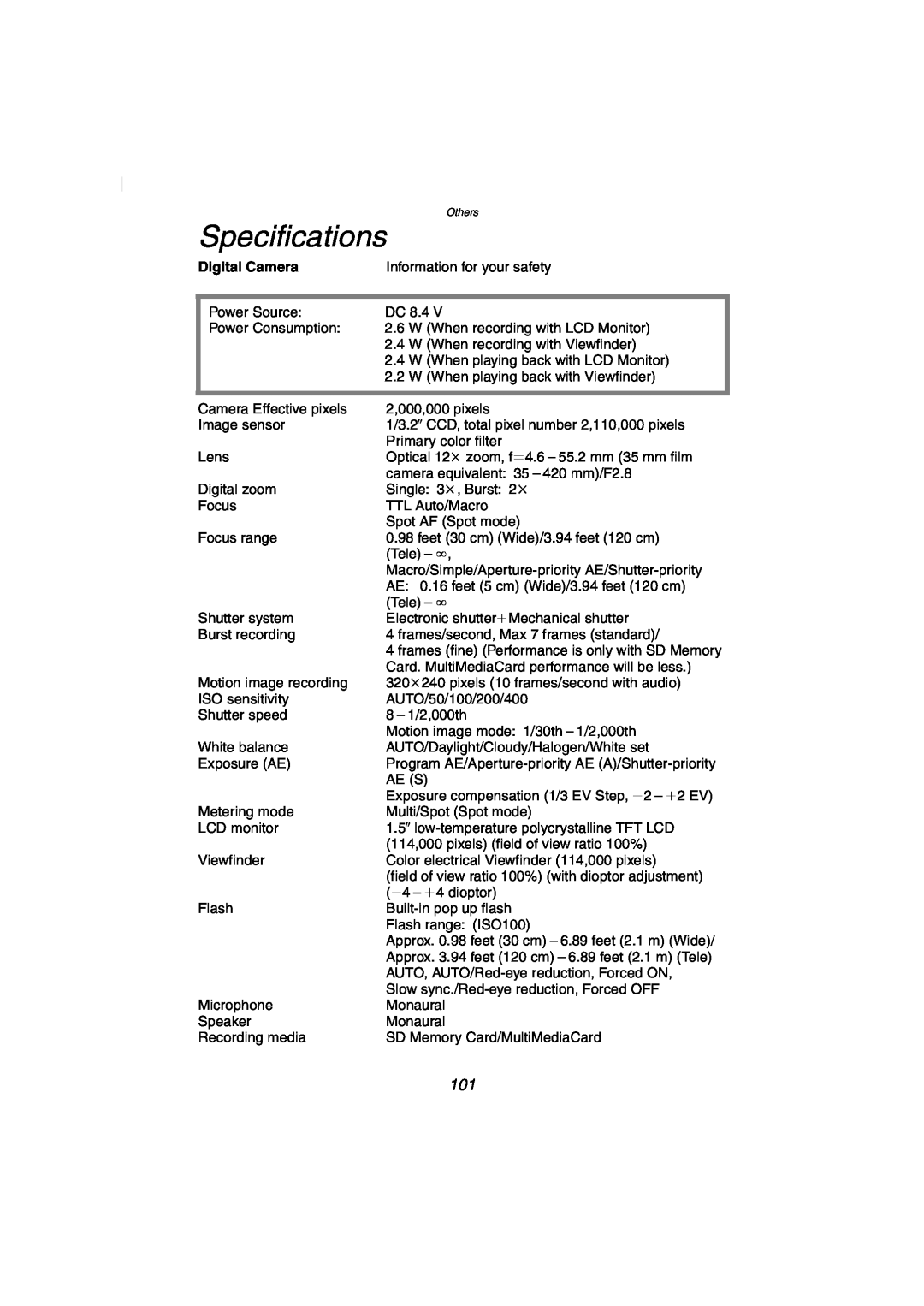 Panasonic DMC-FZ2PP operating instructions Specifications, Digital Camera 