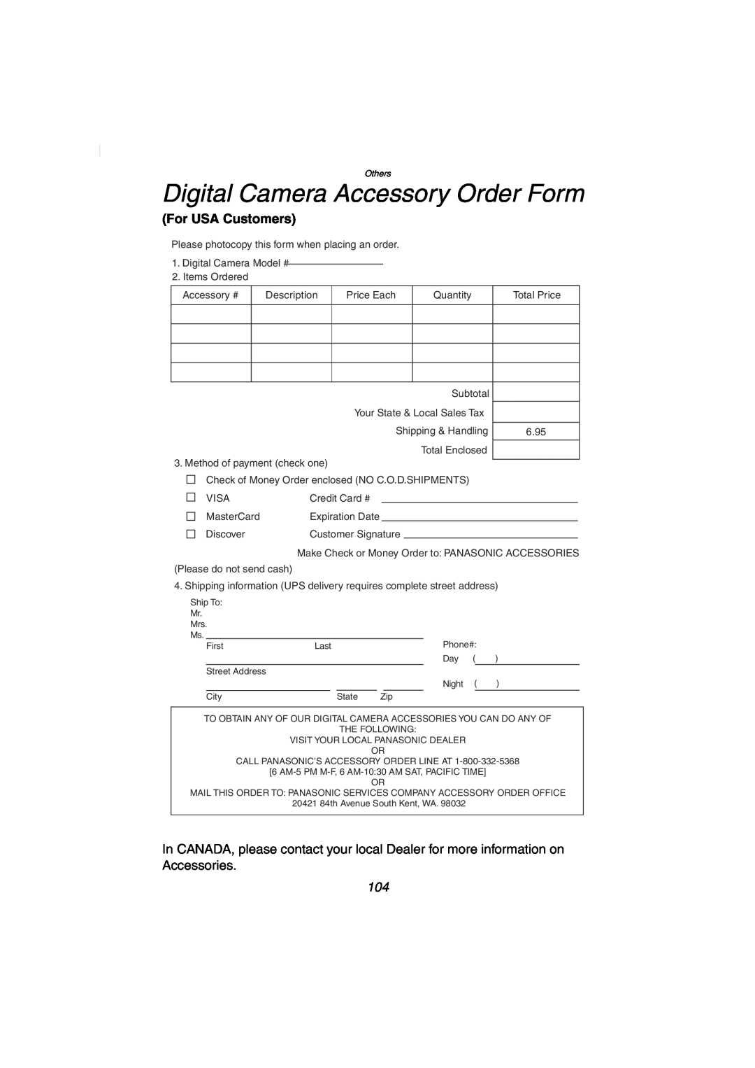 Panasonic DMC-FZ2PP operating instructions Digital Camera Accessory Order Form, For USA Customers 