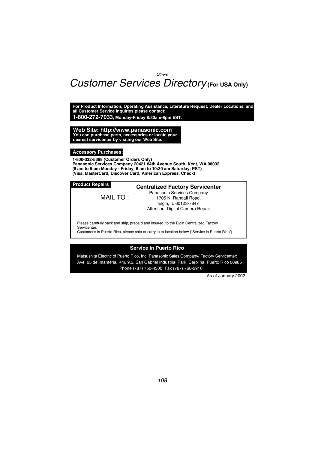 Panasonic DMC-FZ2PP Customer Services Directory For USA Only, Mail To, Centralized Factory Servicenter, Product Repairs 