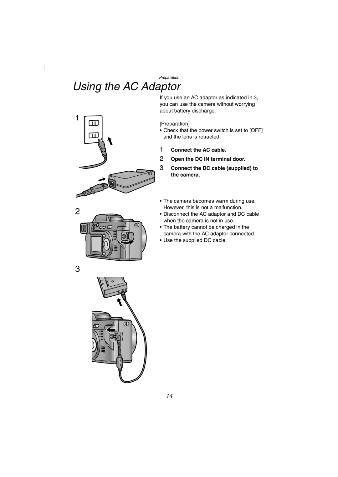 Panasonic DMC-FZ2PP operating instructions Using the AC Adaptor, Connect the AC cable 2 Open the DC IN terminal door 