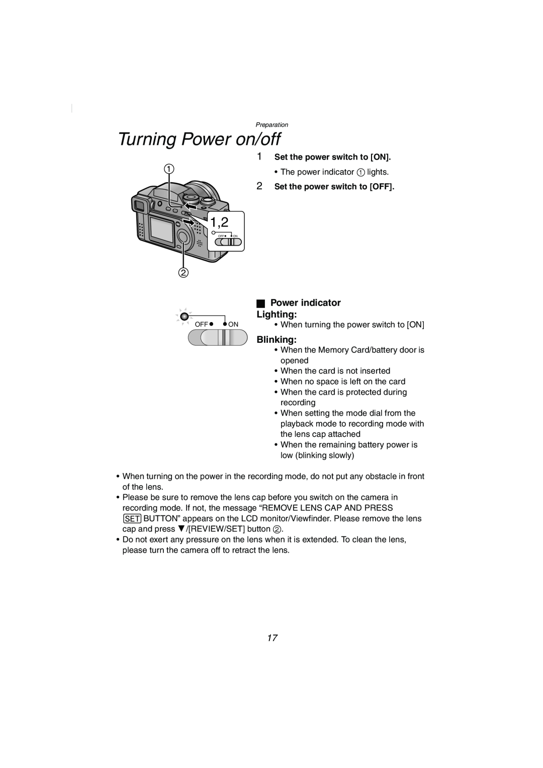 Panasonic DMC-FZ2PP operating instructions Turning Power on/off, Set the power switch to ON, Set the power switch to OFF 