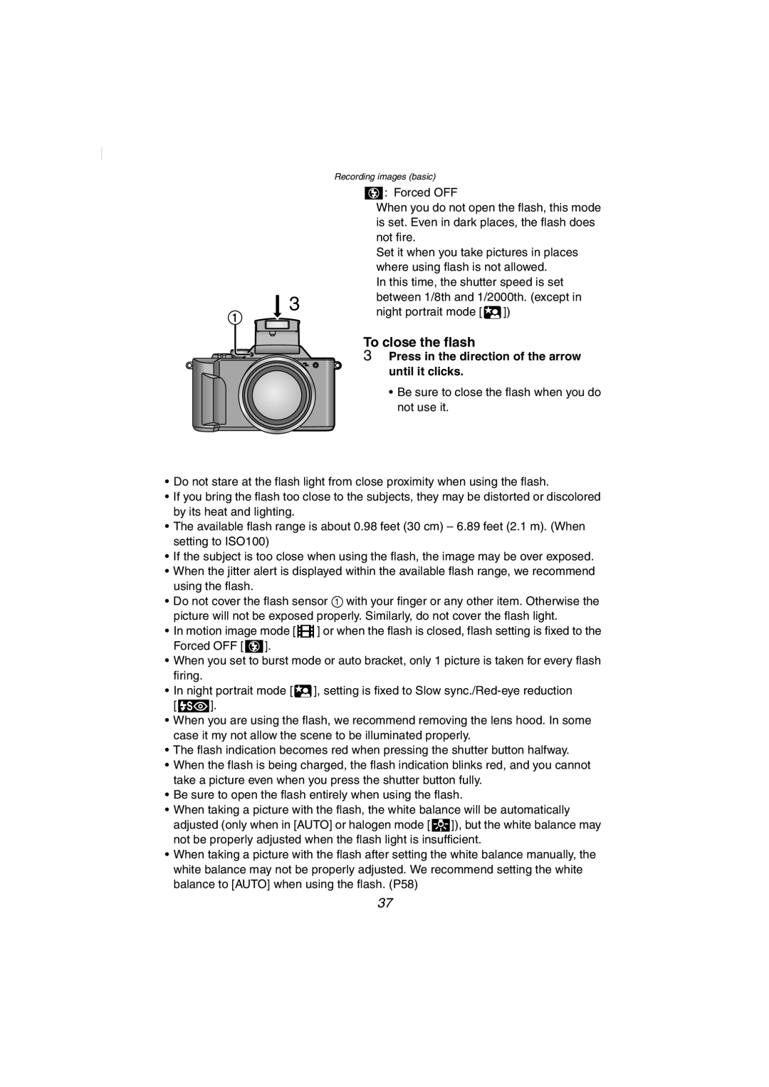 Panasonic DMC-FZ2PP operating instructions To close the flash, Press in the direction of the arrow until it clicks 
