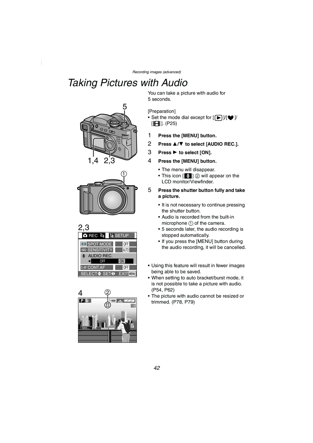 Panasonic DMC-FZ2PP Taking Pictures with Audio, 1,4 2,3, Press the MENU button 2 Press 3/4 to select AUDIO REC 