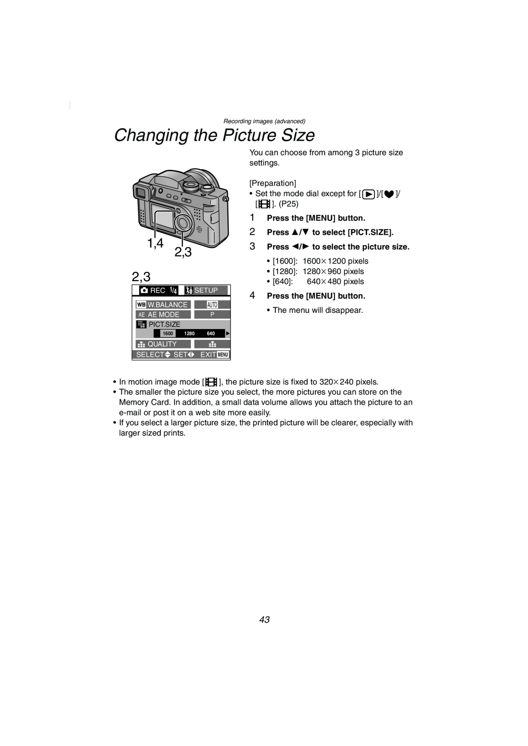 Panasonic DMC-FZ2PP Changing the Picture Size, Press the MENU button 2 Press 3/4 to select PICT.SIZE, Pict.Size 
