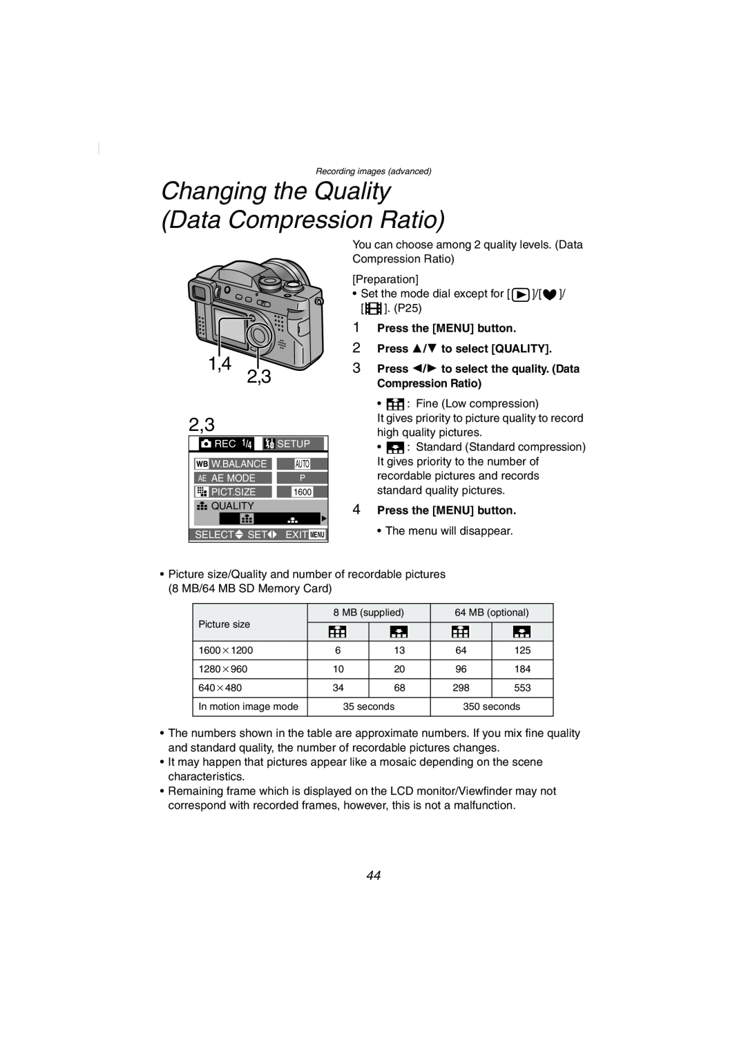 Panasonic DMC-FZ2PP Changing the Quality Data Compression Ratio, Press the MENU button 2 Press 3/4 to select QUALITY 