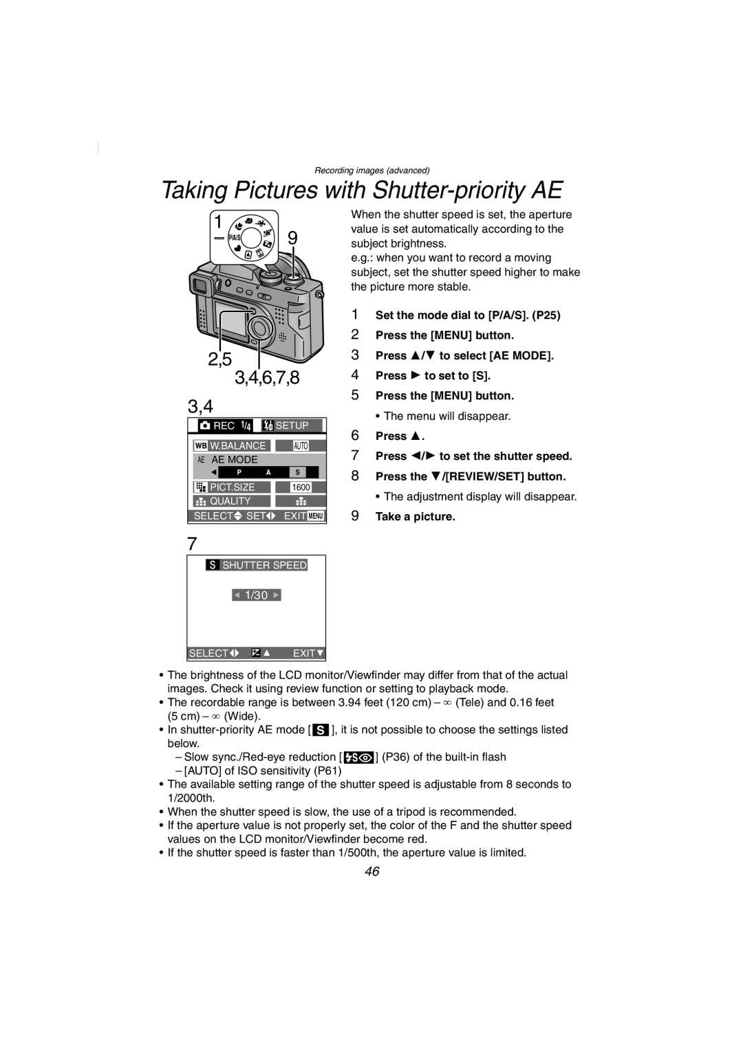 Panasonic DMC-FZ2PP Taking Pictures with Shutter-priority AE, 2,5 3,4,6,7,8 3,4, Press the MENU button, Take a picture 