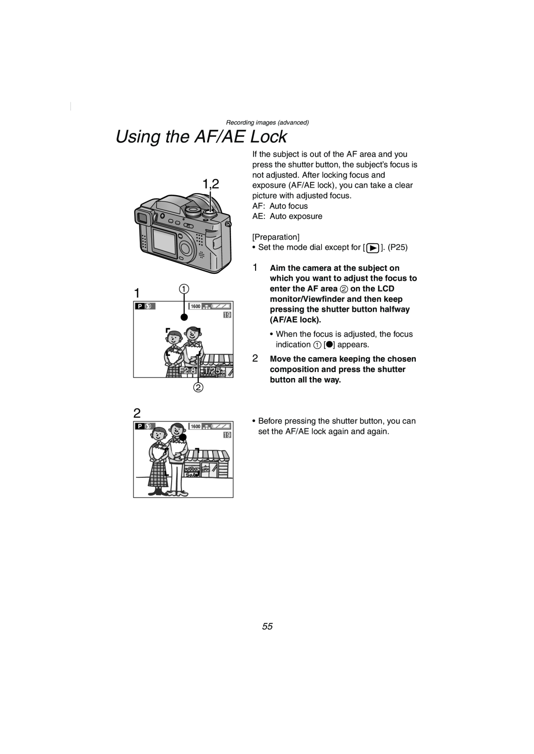 Panasonic DMC-FZ2PP operating instructions Using the AF/AE Lock, F2.8 1/25 