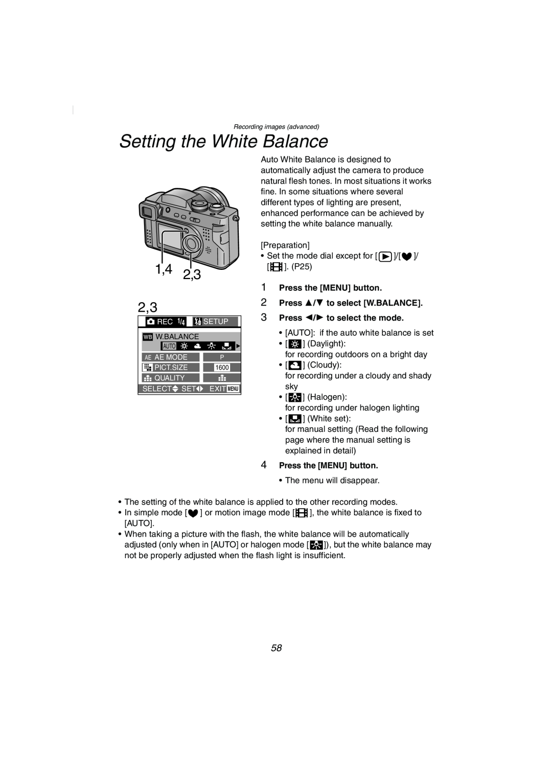 Panasonic DMC-FZ2PP operating instructions Setting the White Balance, Press the MENU button 2 Press 3/4 to select W.BALANCE 