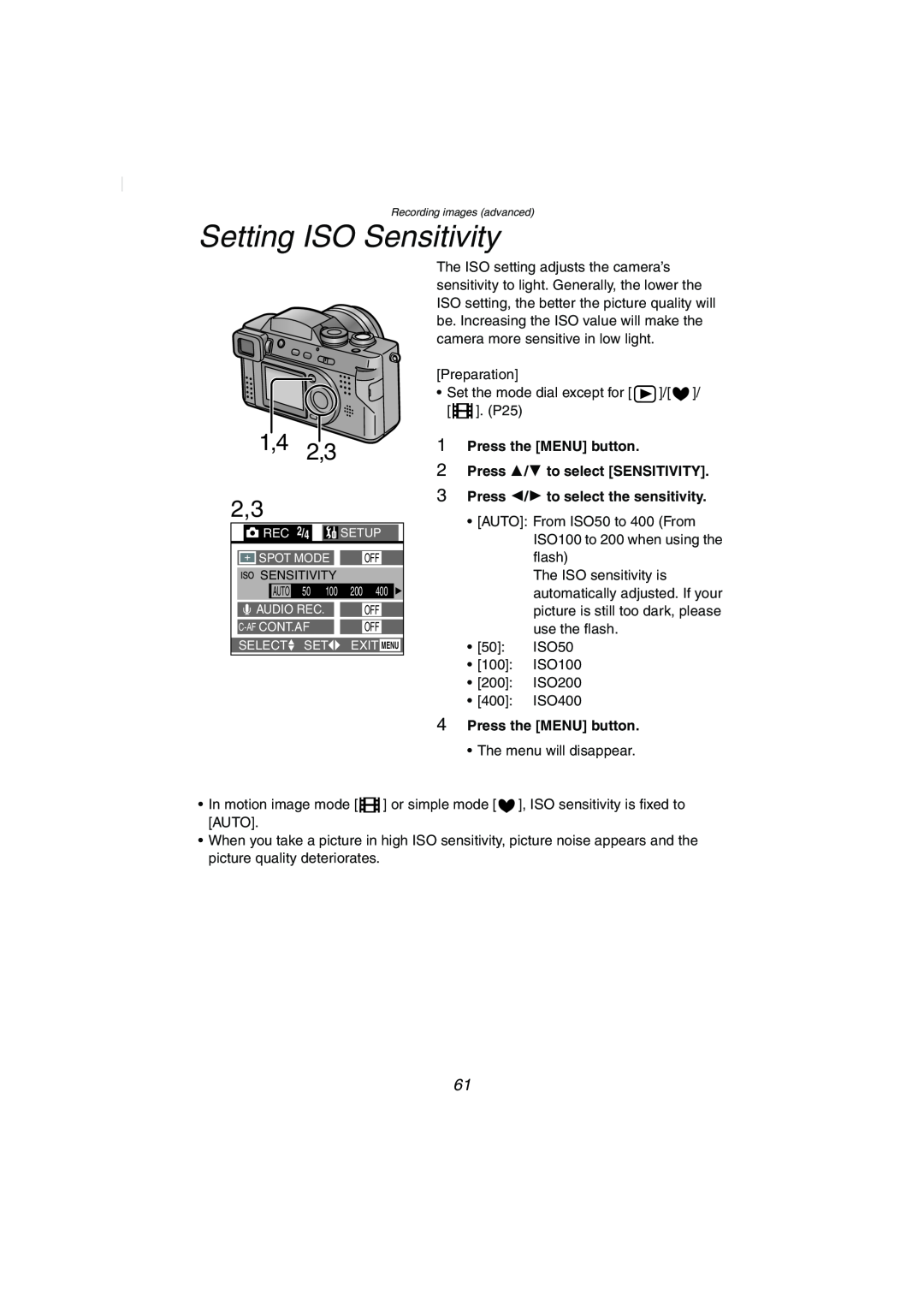 Panasonic DMC-FZ2PP operating instructions Setting ISO Sensitivity, Press the MENU button 2 Press 3/4 to select SENSITIVITY 