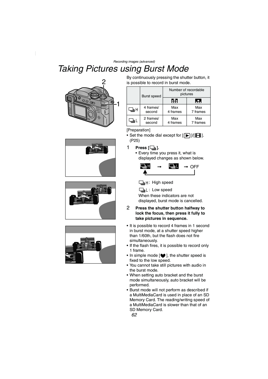 Panasonic DMC-FZ2PP operating instructions Taking Pictures using Burst Mode, Press 