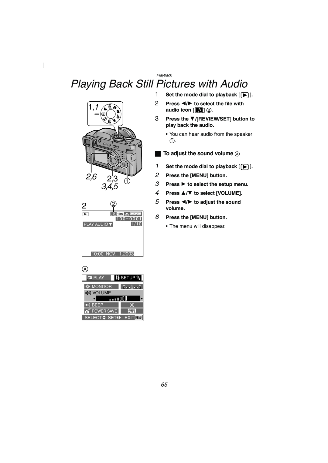 Panasonic DMC-FZ2PP 2,6 2,3 3,4,5, Set the mode dial to playback 2 Press the MENU button, 1000 NOV.11.2003, Playback 