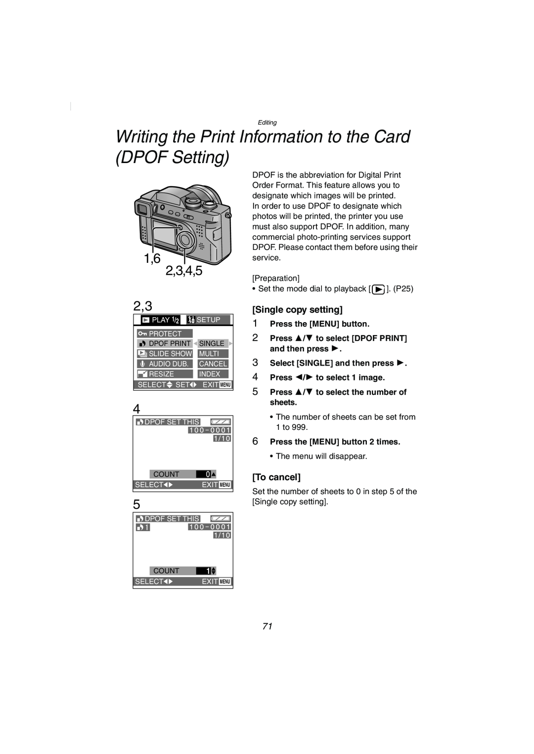 Panasonic DMC-FZ2PP Writing the Print Information to the Card DPOF Setting, 1,6 2,3,4,5, Press the MENU button 