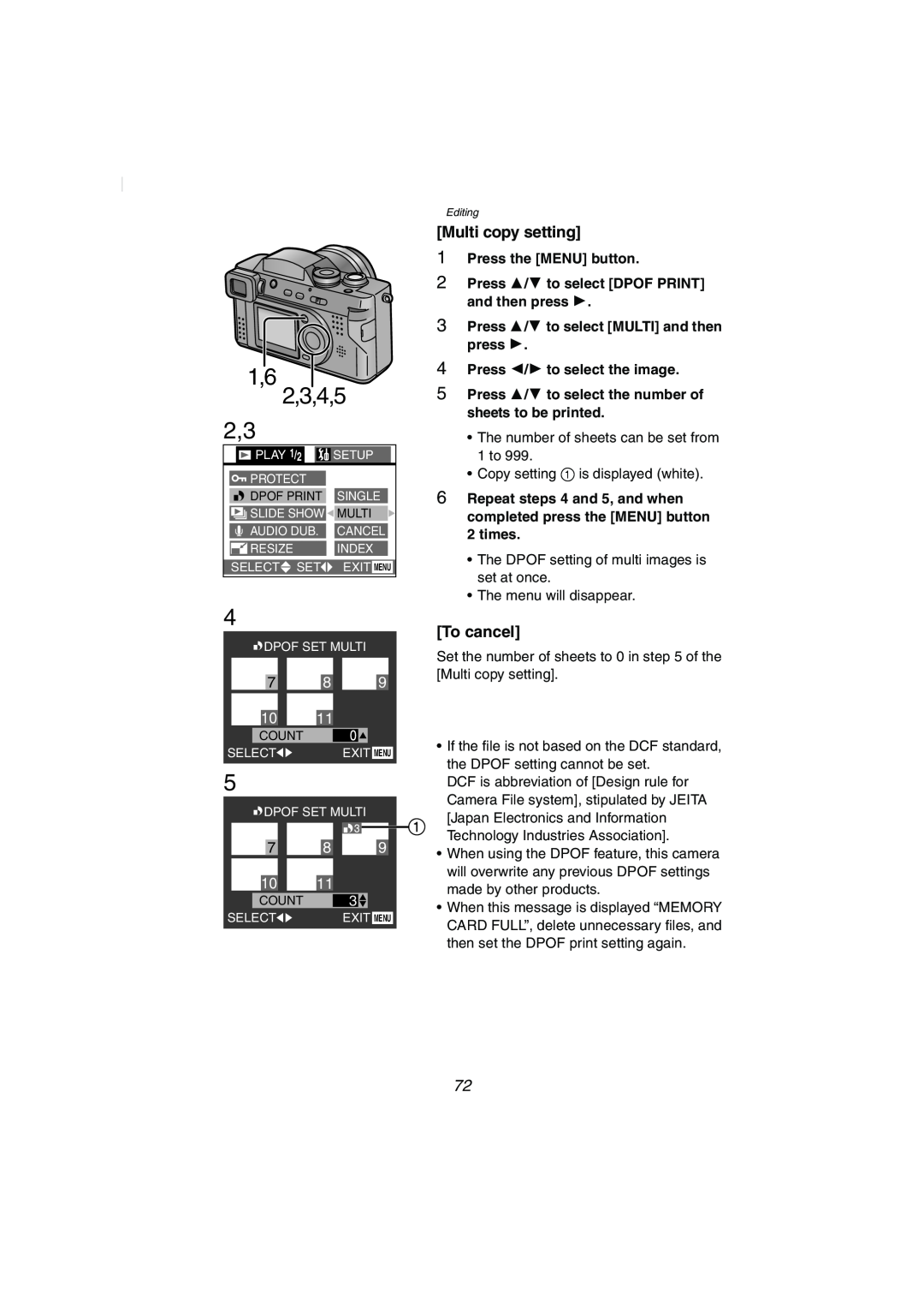 Panasonic DMC-FZ2PP 1,6 2,3,4,5, Press the MENU button, Press 3/4 to select DPOF PRINT and then press 