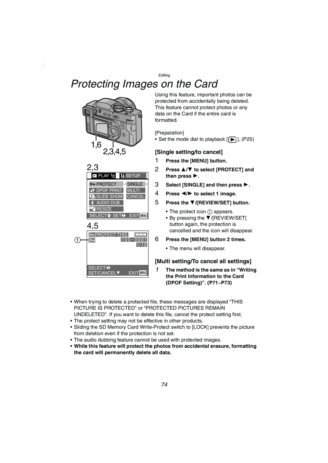 Panasonic DMC-FZ2PP Protecting Images on the Card, 1,6 2,3,4,5, Select SINGLE and then press 4 Press 2/1 to select 1 image 