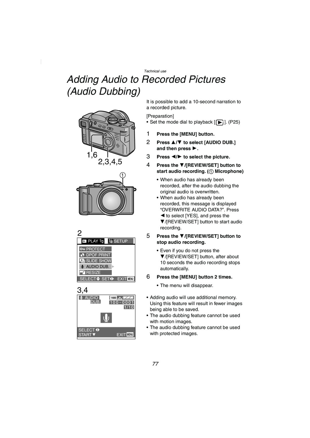 Panasonic DMC-FZ2PP Adding Audio to Recorded Pictures Audio Dubbing, 1,6 2,3,4,5, Press the MENU button 