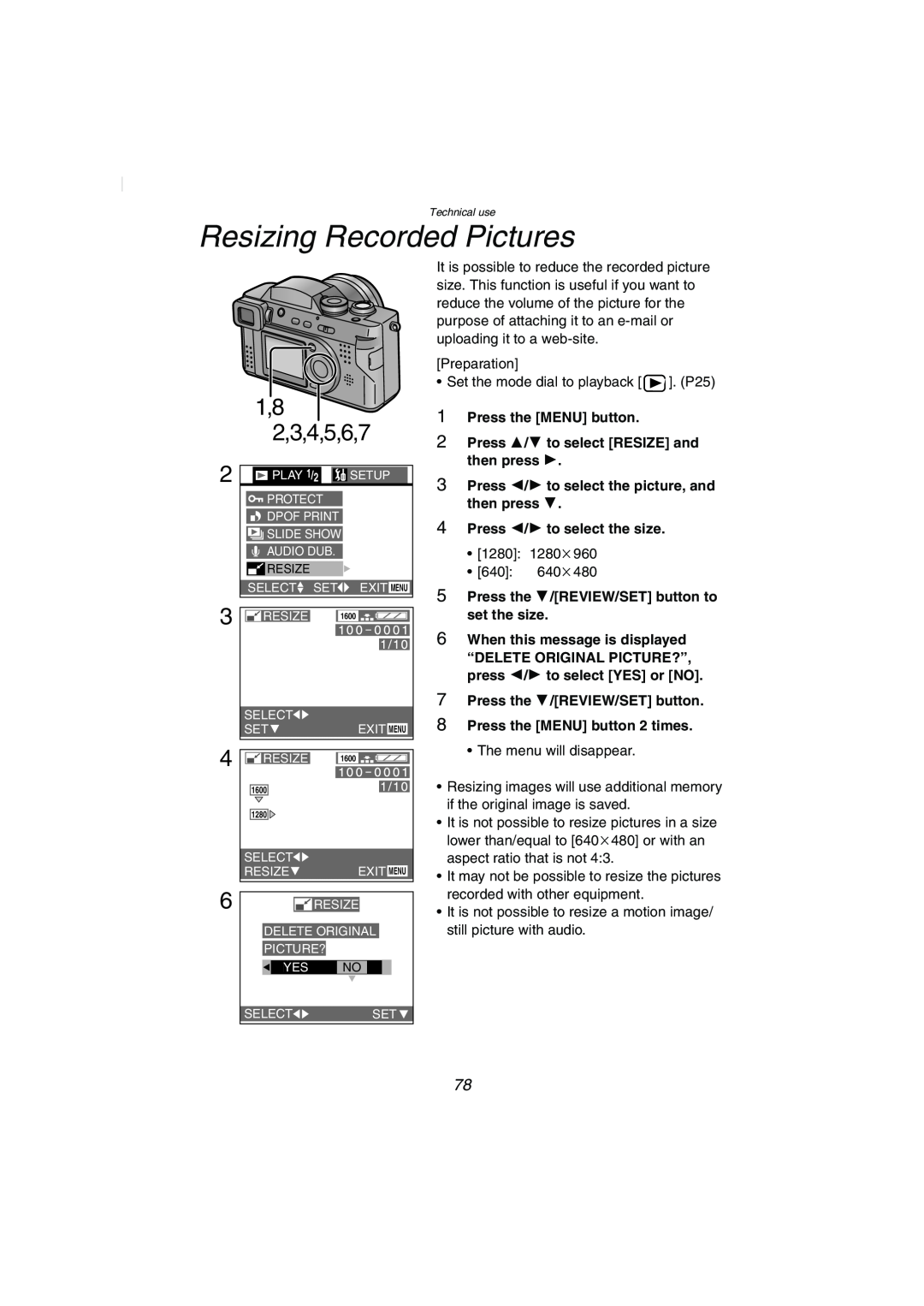 Panasonic DMC-FZ2PP Resizing Recorded Pictures, 1,8 2,3,4,5,6,7, Press 2/1 to select the picture, and then press 