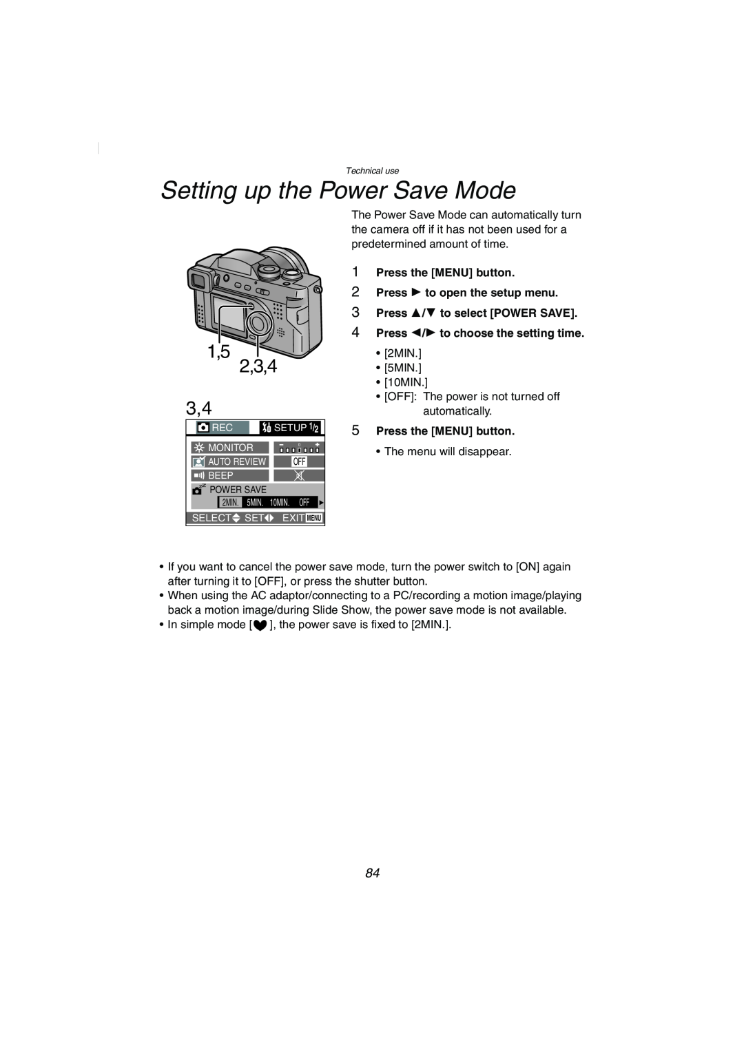 Panasonic DMC-FZ2PP Setting up the Power Save Mode, 1,5 2,3,4, Press the MENU button 2 Press 1 to open the setup menu 