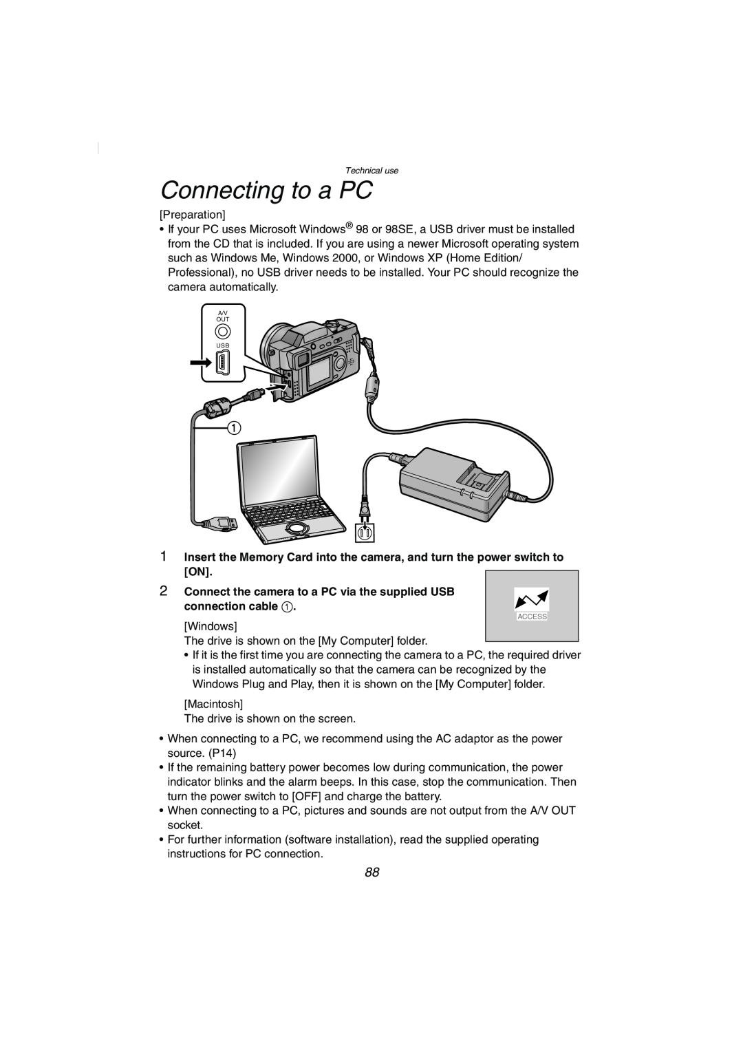 Panasonic DMC-FZ2PP Connecting to a PC, Connect the camera to a PC via the supplied USB connection cable 