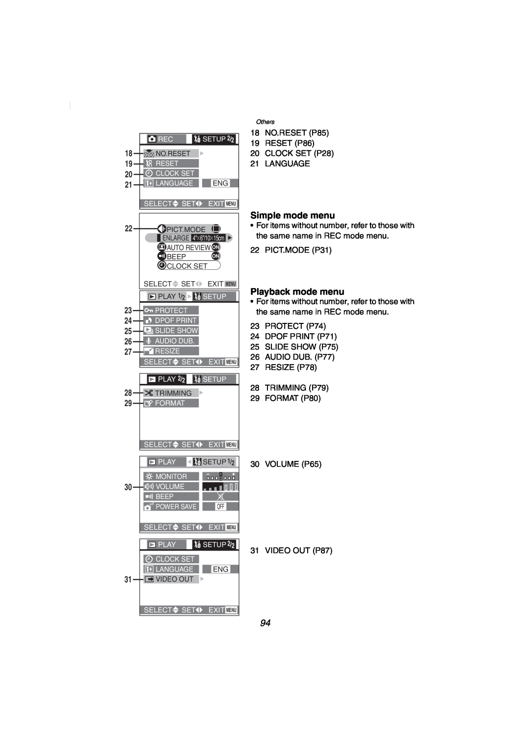 Panasonic DMC-FZ2PP operating instructions Simple mode menu, Playback mode menu, No.Reset 