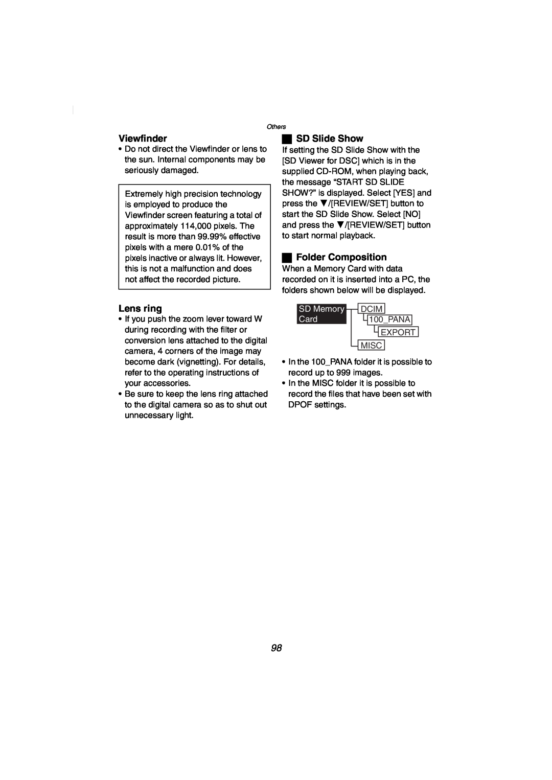 Panasonic DMC-FZ2PP operating instructions Viewfinder, ª SD Slide Show, Lens ring, ª Folder Composition, SD Memory DCIM 