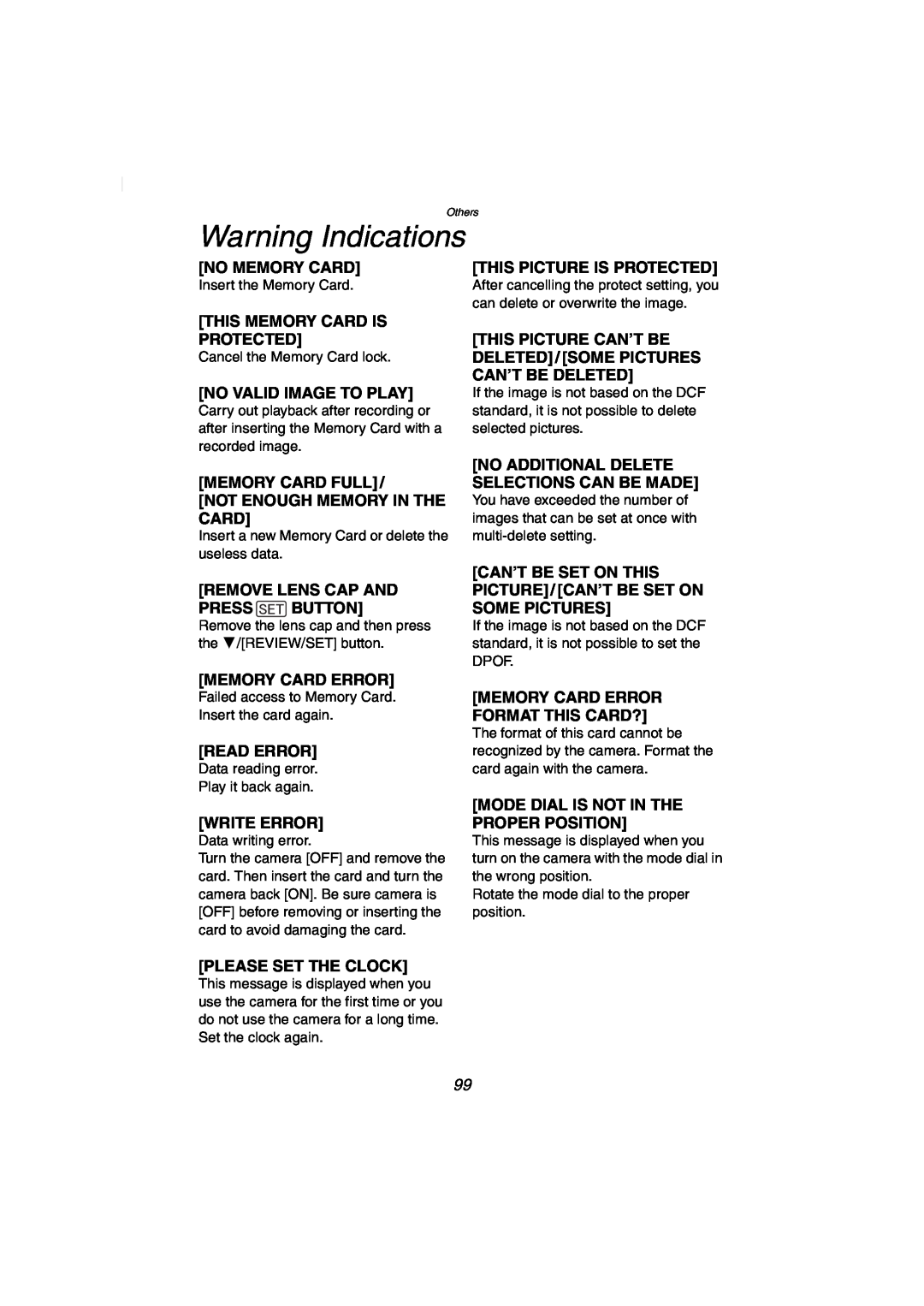 Panasonic DMC-FZ2PP operating instructions Warning Indications 