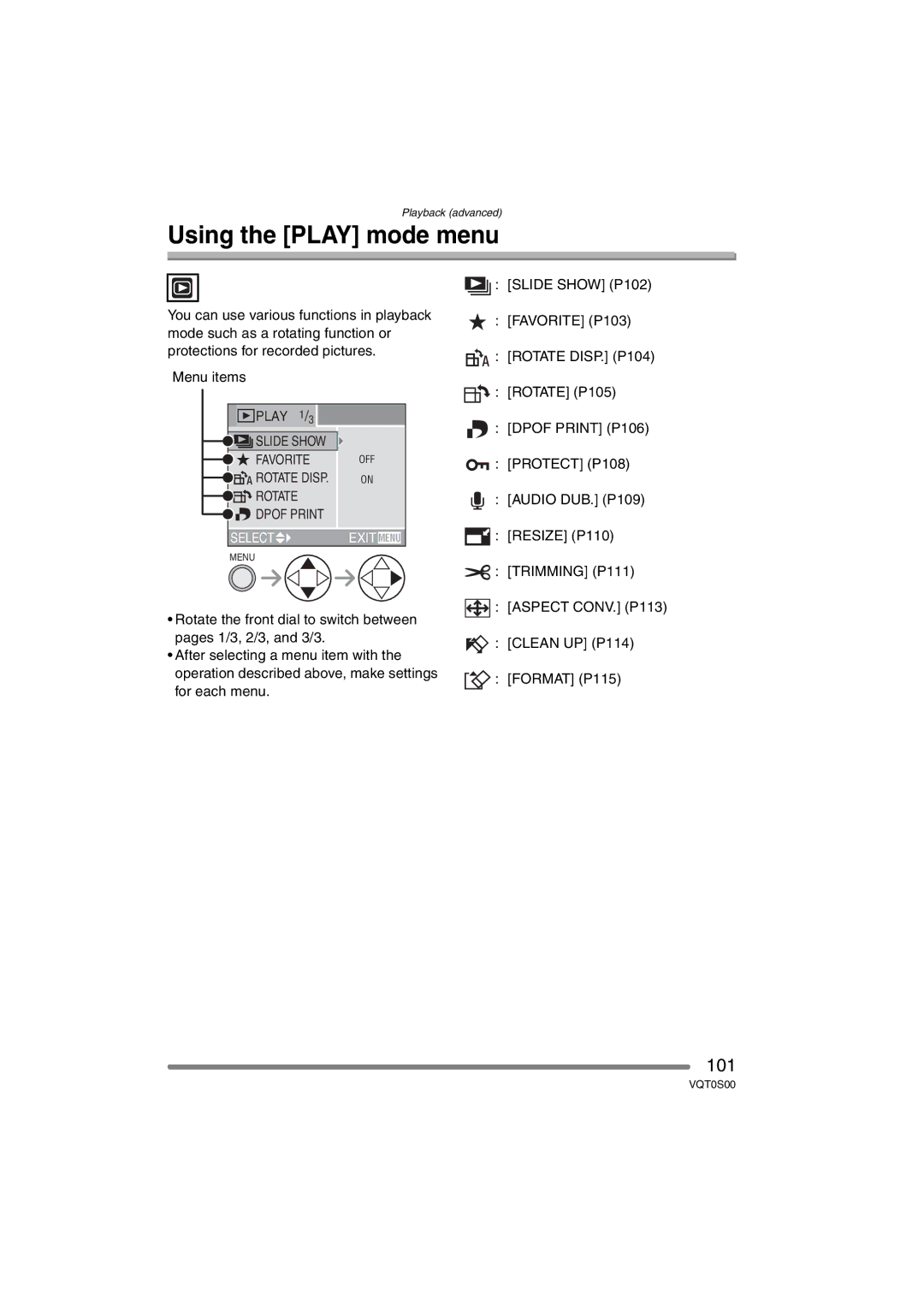 Panasonic DMC-FZ30EB operating instructions Using the Play mode menu, 101 