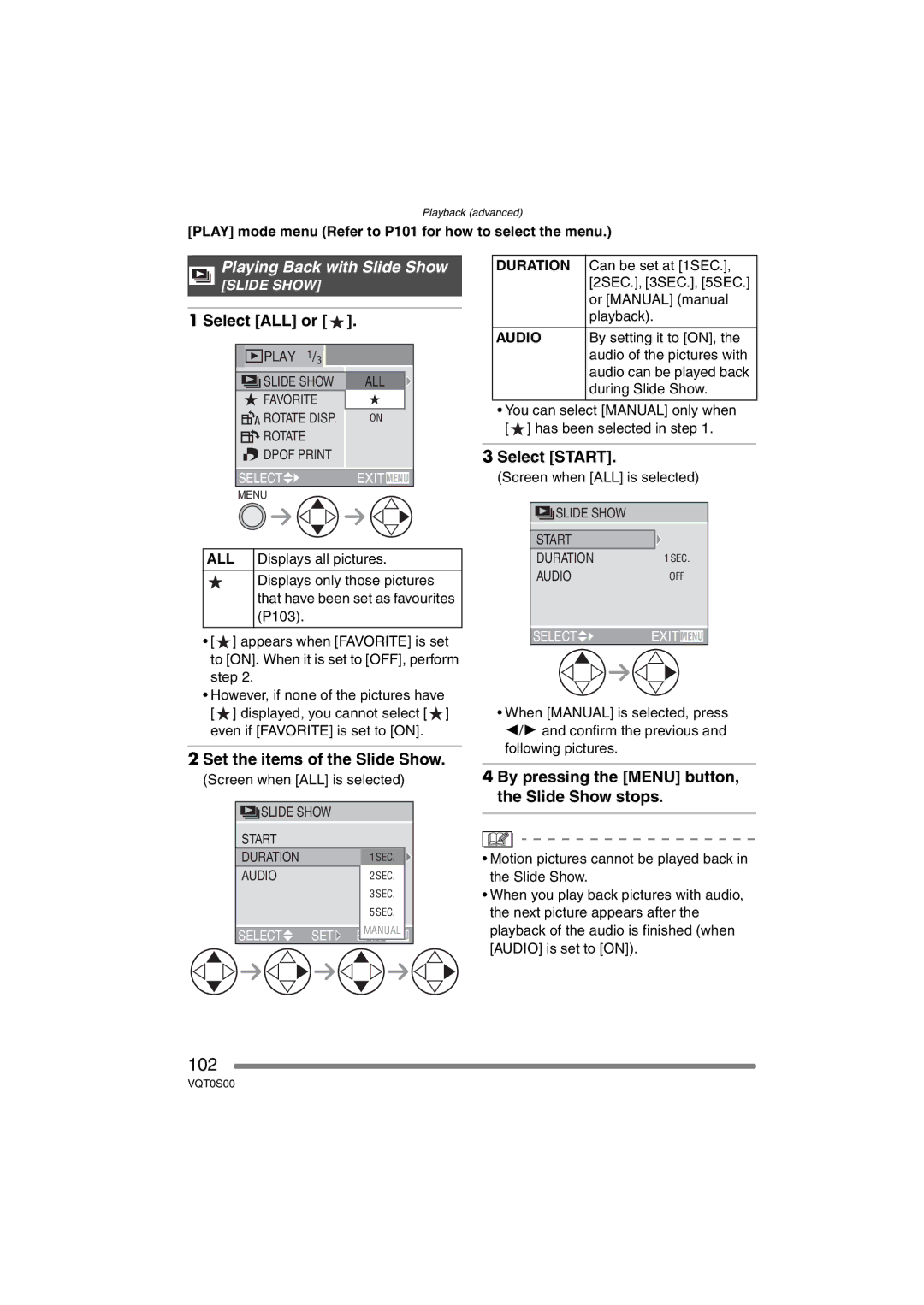 Panasonic DMC-FZ30EB operating instructions 102, Playing Back with Slide Show 