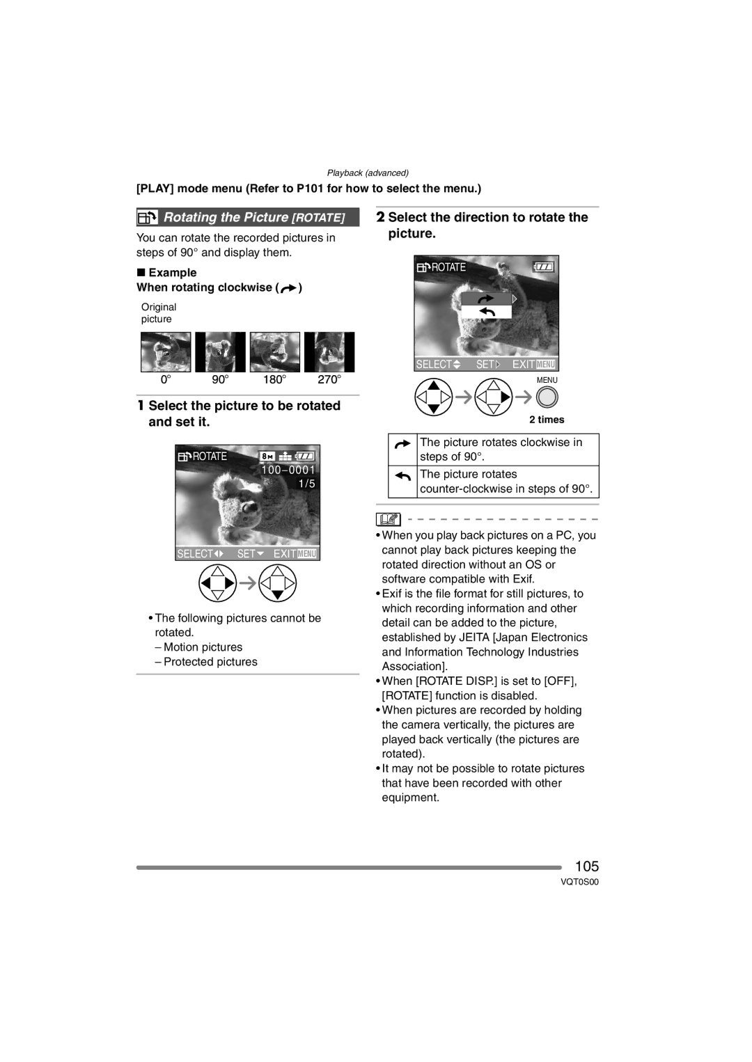 Panasonic DMC-FZ30EB operating instructions 105, Rotating the Picture Rotate, Select the picture to be rotated and set it 