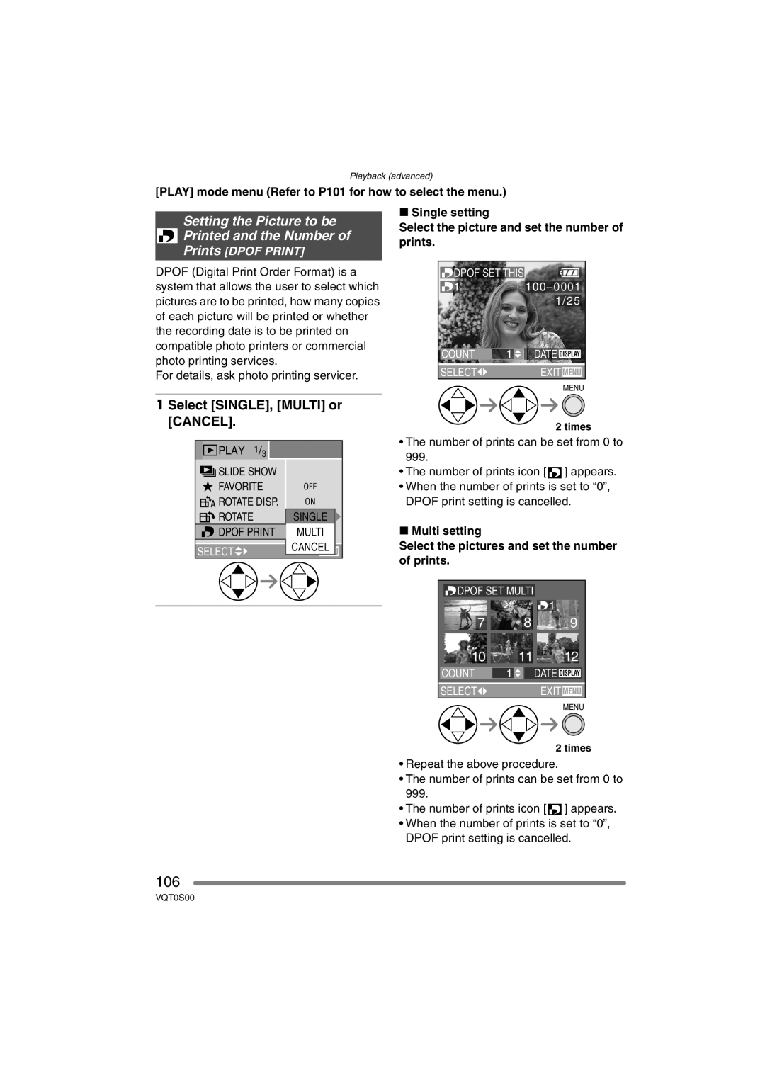 Panasonic DMC-FZ30EB operating instructions 106, Setting the Picture to be Printed and the Number, Select SINGLE, Multi or 