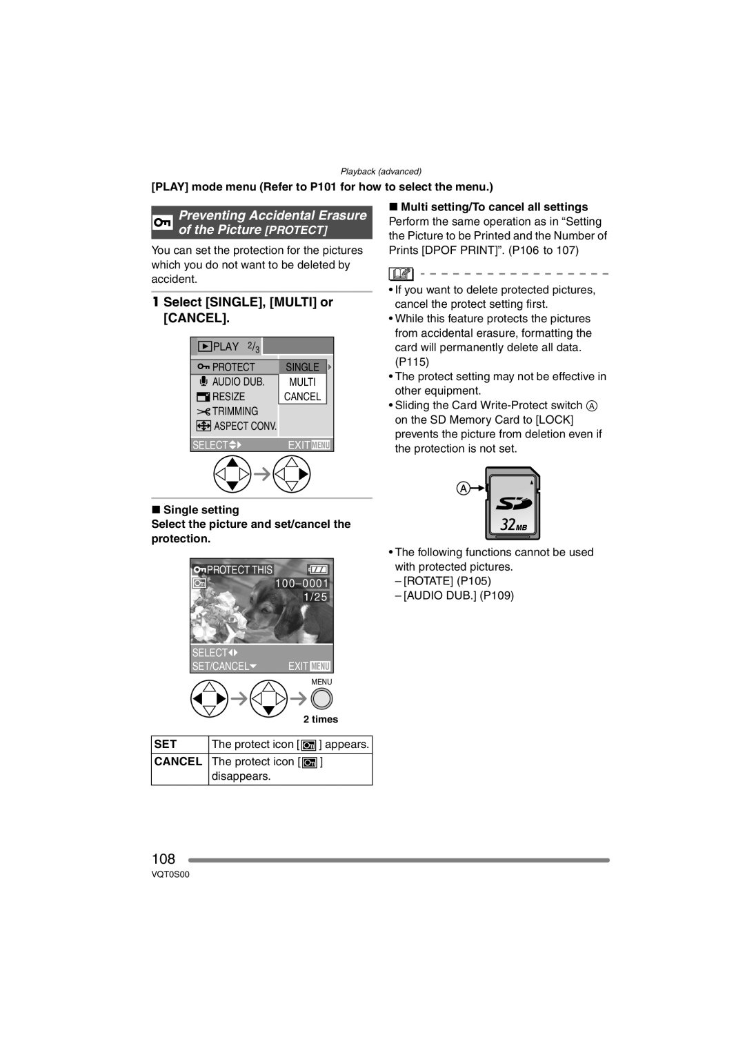 Panasonic DMC-FZ30EB 108, Preventing Accidental Erasure of the Picture Protect, Select SINGLE, Multi or Cancel 