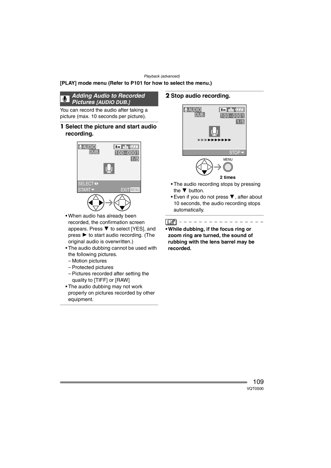 Panasonic DMC-FZ30EB operating instructions 109, Adding Audio to Recorded, Recording 