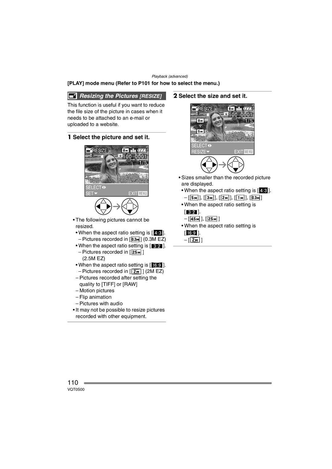 Panasonic DMC-FZ30EB operating instructions 110, Resizing the Pictures Resize, Select the size and set it 