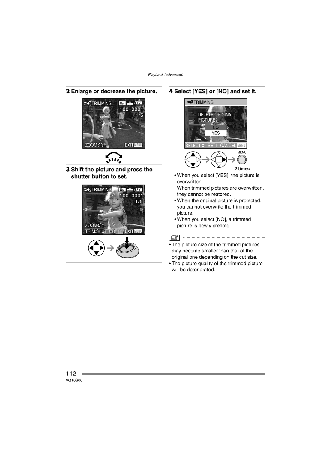 Panasonic DMC-FZ30EB 112, Enlarge or decrease the picture, Shift the picture and press the shutter button to set 