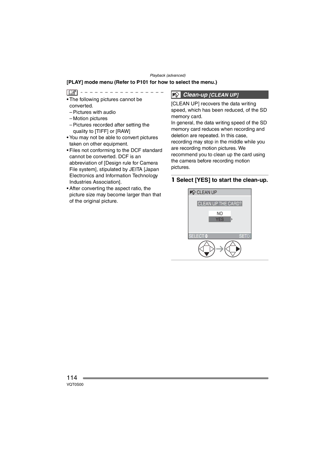 Panasonic DMC-FZ30EB operating instructions 114, Clean-up Clean UP, Select YES to start the clean-up 