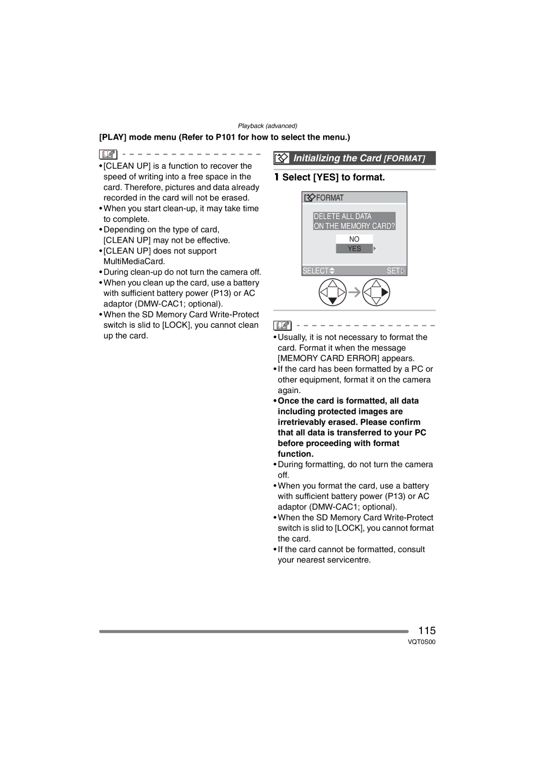 Panasonic DMC-FZ30EB operating instructions 115, Initializing the Card Format, Select YES to format 