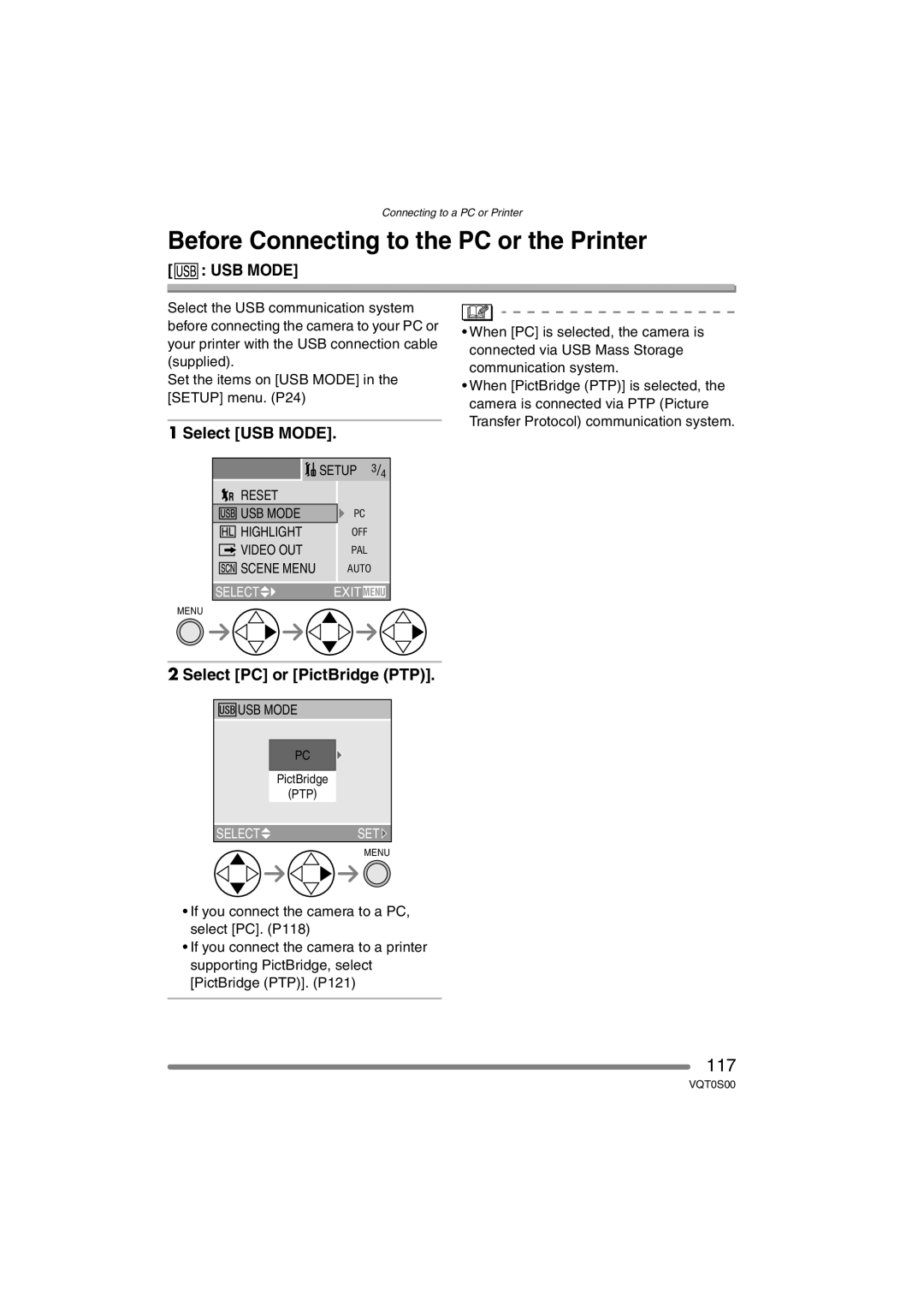 Panasonic DMC-FZ30EB Before Connecting to the PC or the Printer, 117, Select USB Mode, Select PC or PictBridge PTP 