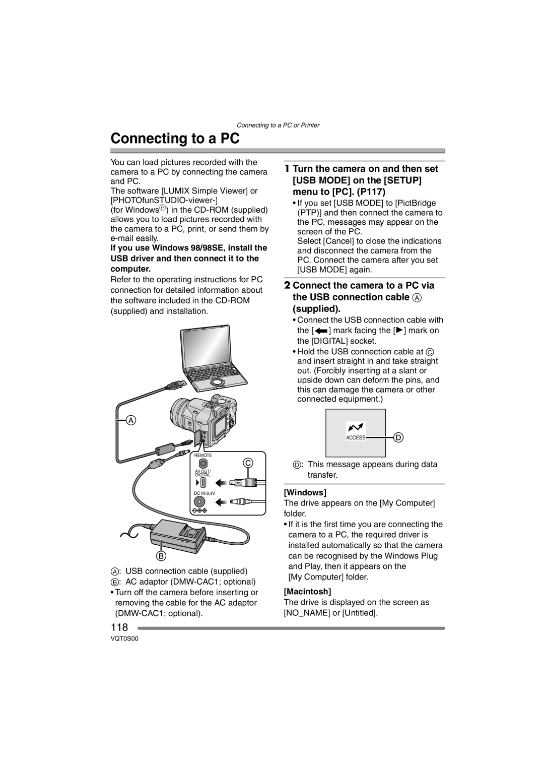 Panasonic DMC-FZ30EB operating instructions Connecting to a PC, 118, Windows, Macintosh 