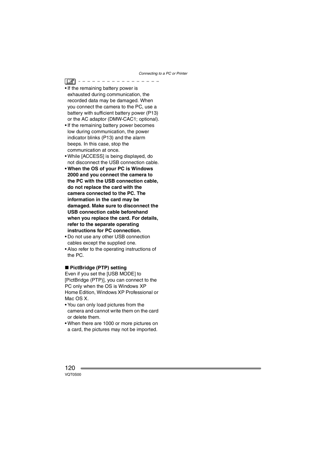 Panasonic DMC-FZ30EB operating instructions 120, PictBridge PTP setting 