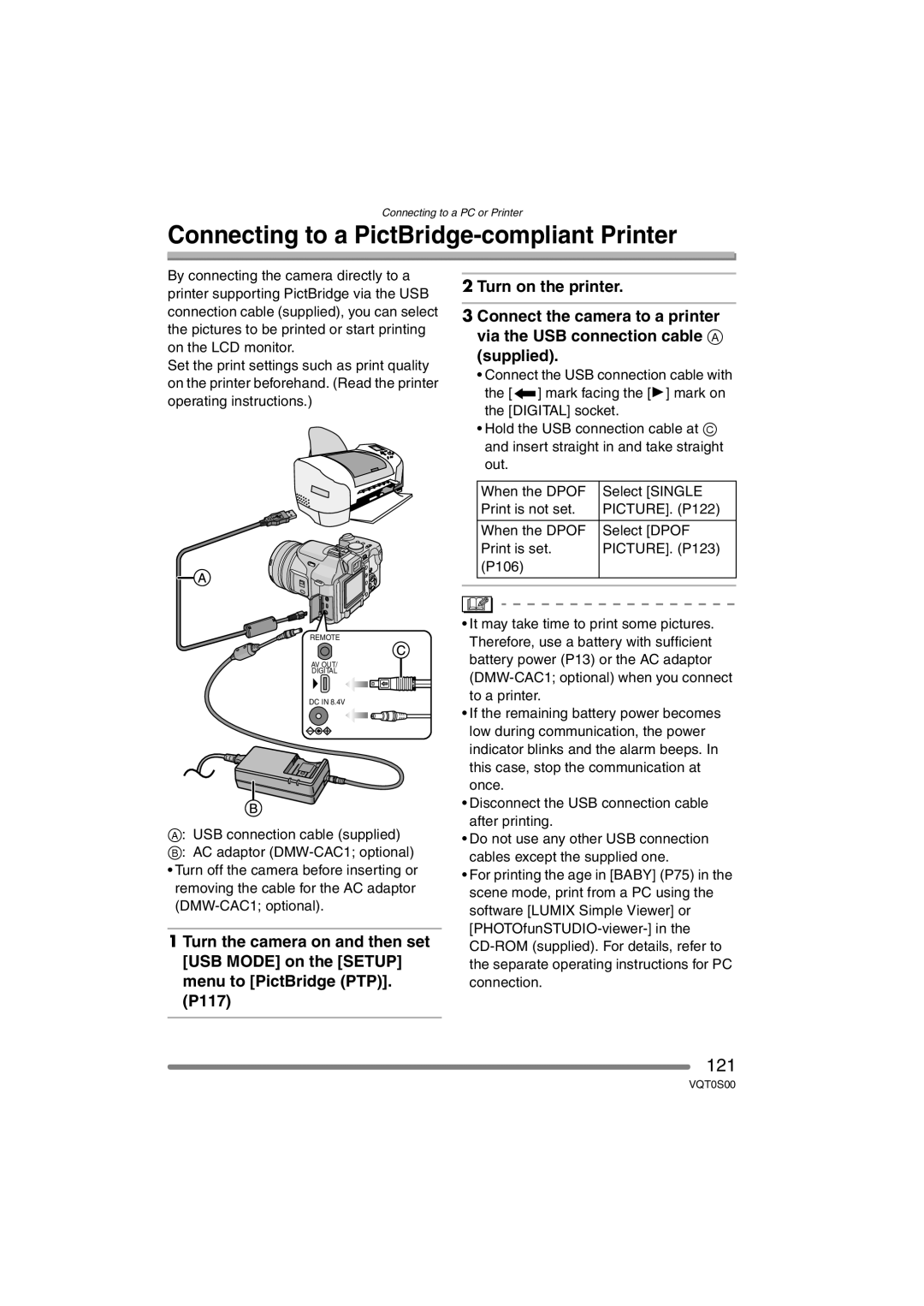 Panasonic DMC-FZ30EB operating instructions Connecting to a PictBridge-compliant Printer, 121 