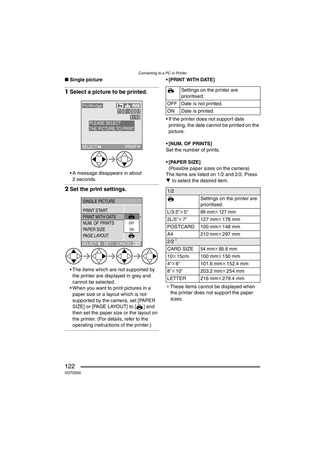 Panasonic DMC-FZ30EB operating instructions 122, Select a picture to be printed, Set the print settings 