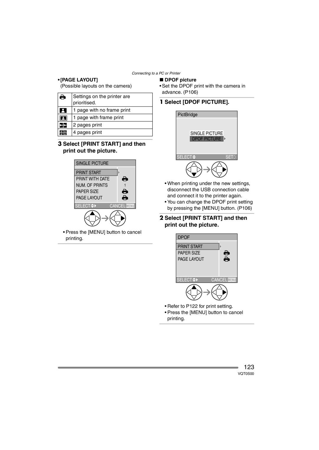 Panasonic DMC-FZ30EB 123, Select Print Start and then print out the picture, Select Dpof Picture, Layout, Dpof picture 