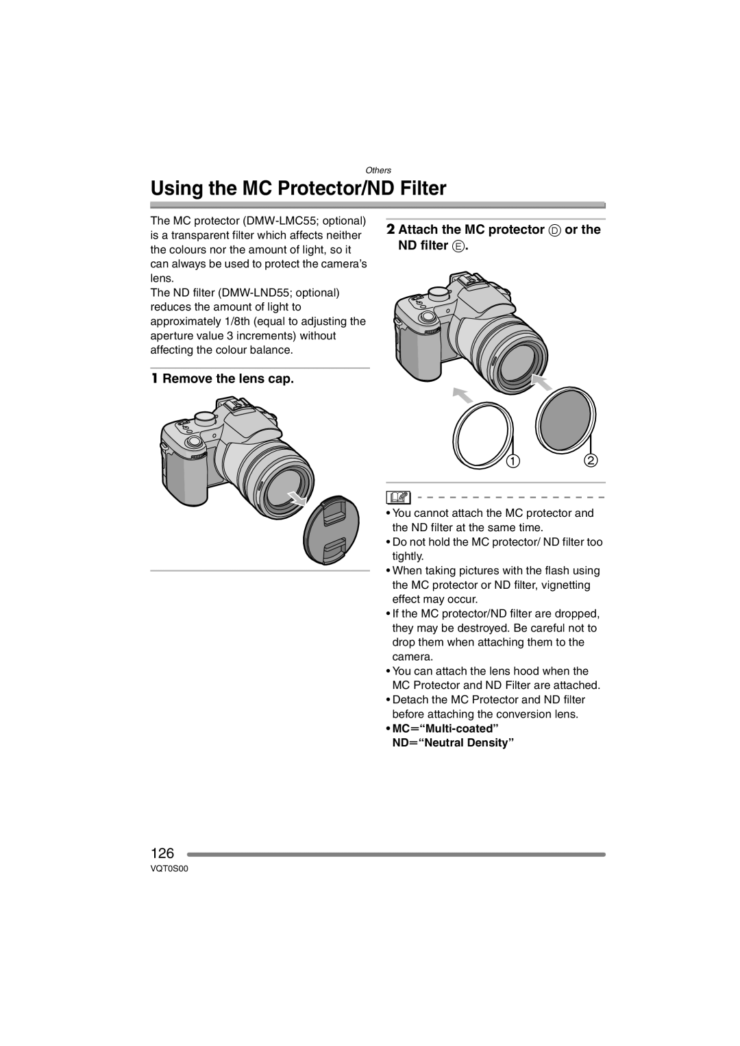 Panasonic DMC-FZ30EB operating instructions Using the MC Protector/ND Filter, 126, MCuMulti-coated NDuNeutral Density 